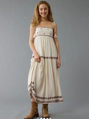Boho Embroidered White Maxi Dress with Tie Straps